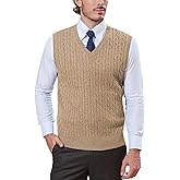 Kallspin Men’s Wool Blended Cable Knit Sweater Vest V Neck Relaxed Fit Sleeveless Pullovers