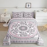 Manfei Bohemian Comforter Set Queen Size Boho Elephant Print Bedding Set 3pcs for Kids Boys Girls Room Decor, Chic Floral Mandala Quilt Set Exotic Flower Animal Print Duvet Set with 2 Pillowcases