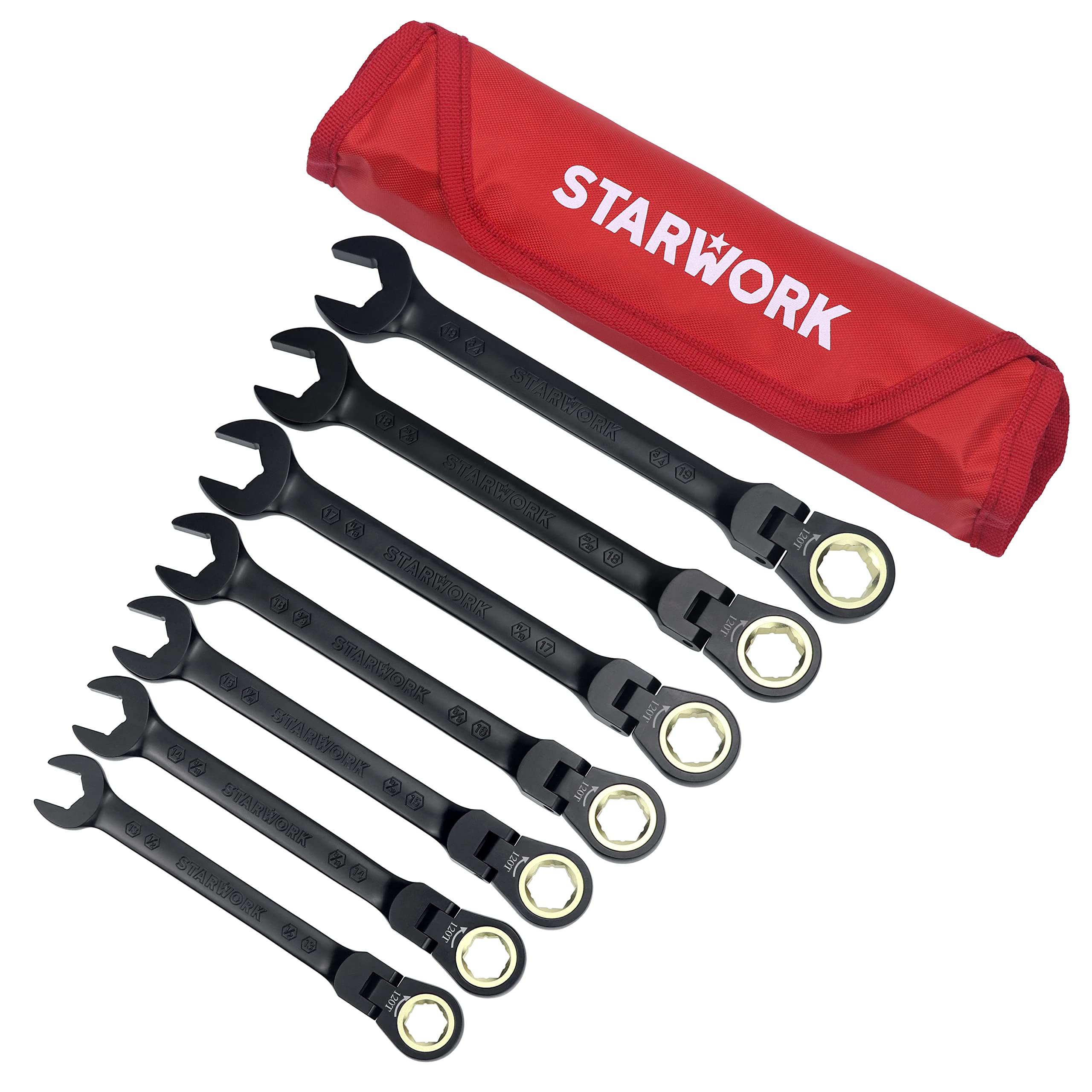 STARWORK True Mechanic™ 7Pc. 120T SAE&Metric Flexible Ratcheting Wrench Set, Professional, with Roll-Up Pouch Bag