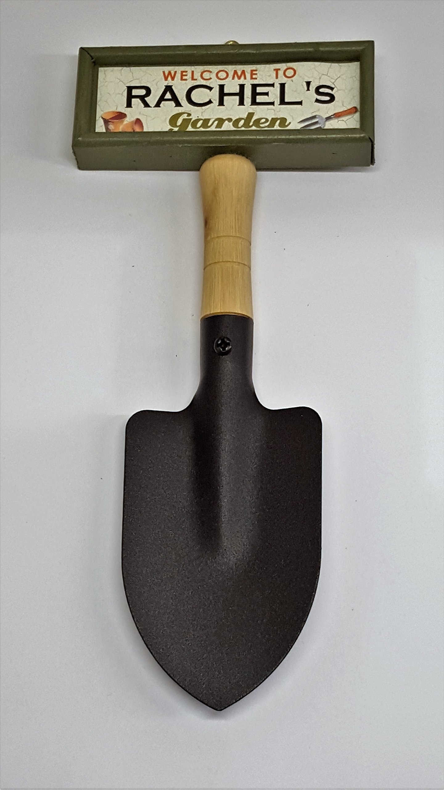 "Welcome to Rachel's garden" hanging shovel sign