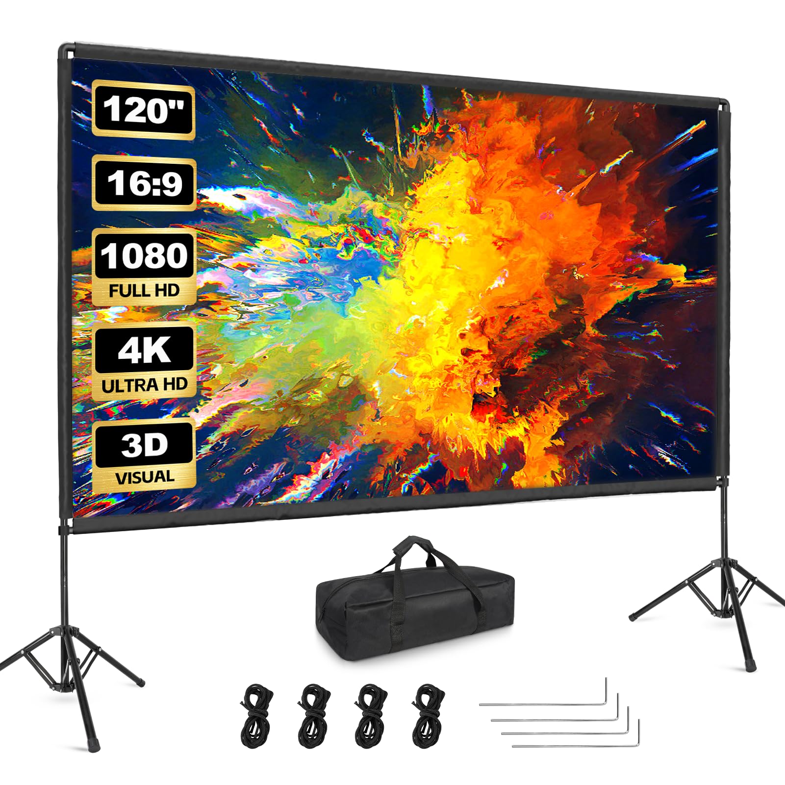 Photo 1 of Outdoor Projector Screen with Stand, Qoolfoto 120 Inch Portable Projector Screen, Indoor Outdoor Projection Screen 16:9 4K HD Wrinkle-Free Movie Screen with Carry Bag for Backyard Movies Home Theater