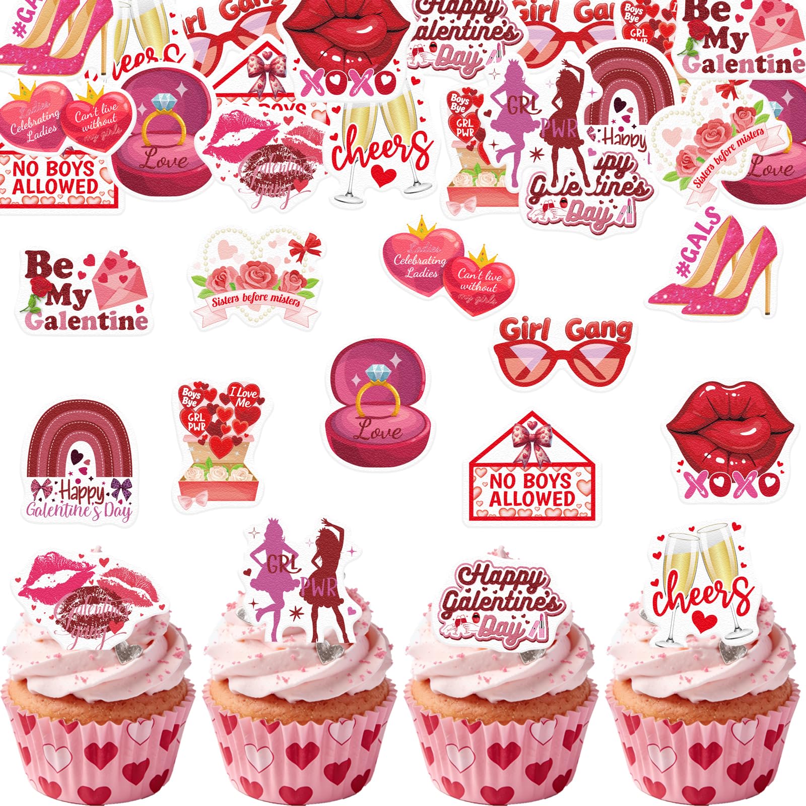 Photo 1 of **PARTIAL SET / MISSING PIECES** Fyeoxle 60PCS Edible Happy Galentine’s Day Cupcake Toppers Wafer Paper Girl Gang No Boys Allowed Cupcake Picks Be My Galentine Cake Decor for Girls Theme Single Party Decor Supplies