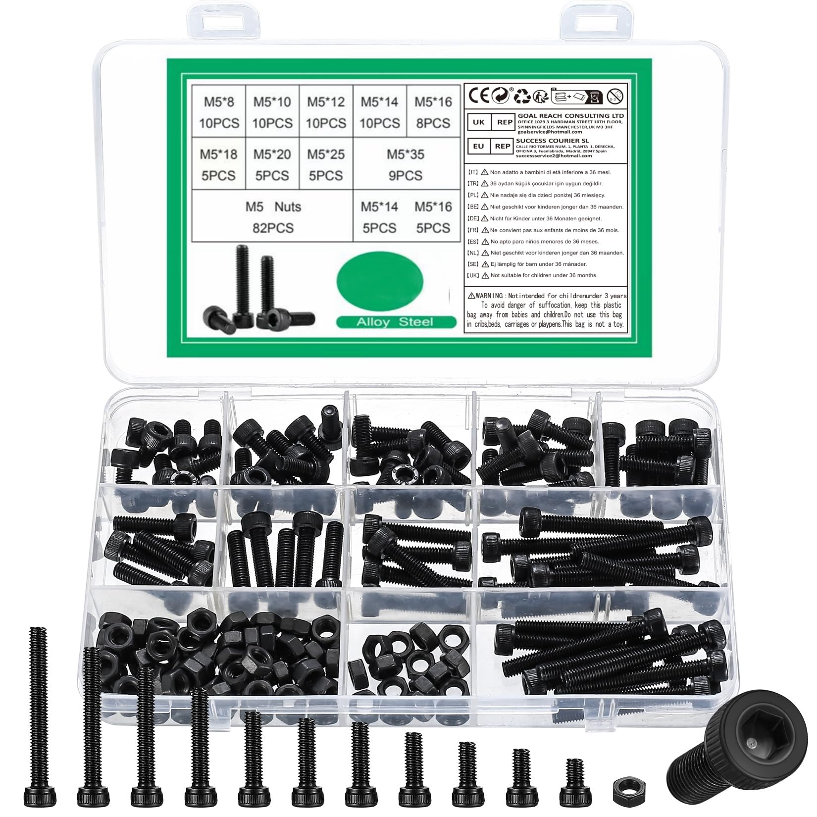 164 Pcs M5 Nuts and Bolts Set, Hex Socket Head Cap Screws Bolts and Nuts Set, Assorted Bolts and Nuts and Washers Assortment Kit, DIN912 Machine Screws Set, Hex Socket Cap Head Screws Bolts Set — image 1