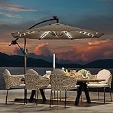 10 ft Cantilever Umbrella with Solar Lights for 2-6 People, Outdoor Offset Design with Infinite Tilt and Crank Lift, Fade Resistant Canopy Large Patio Umbrella for Deck Pool Garden Backyard,Tan
