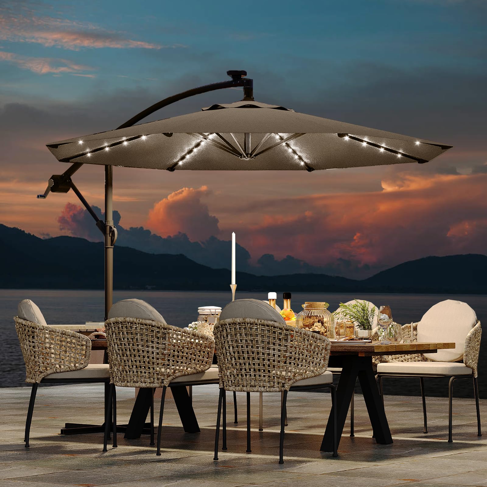 Photo 1 of 10FT Cantilever Umbrella with Solar Lights for 2-6 People, Outdoor Offset Design with Infinite Tilt and Crank Lift, Fade Resistant Canopy Large Patio Umbrella for Deck Pool Garden Backyard,Tan