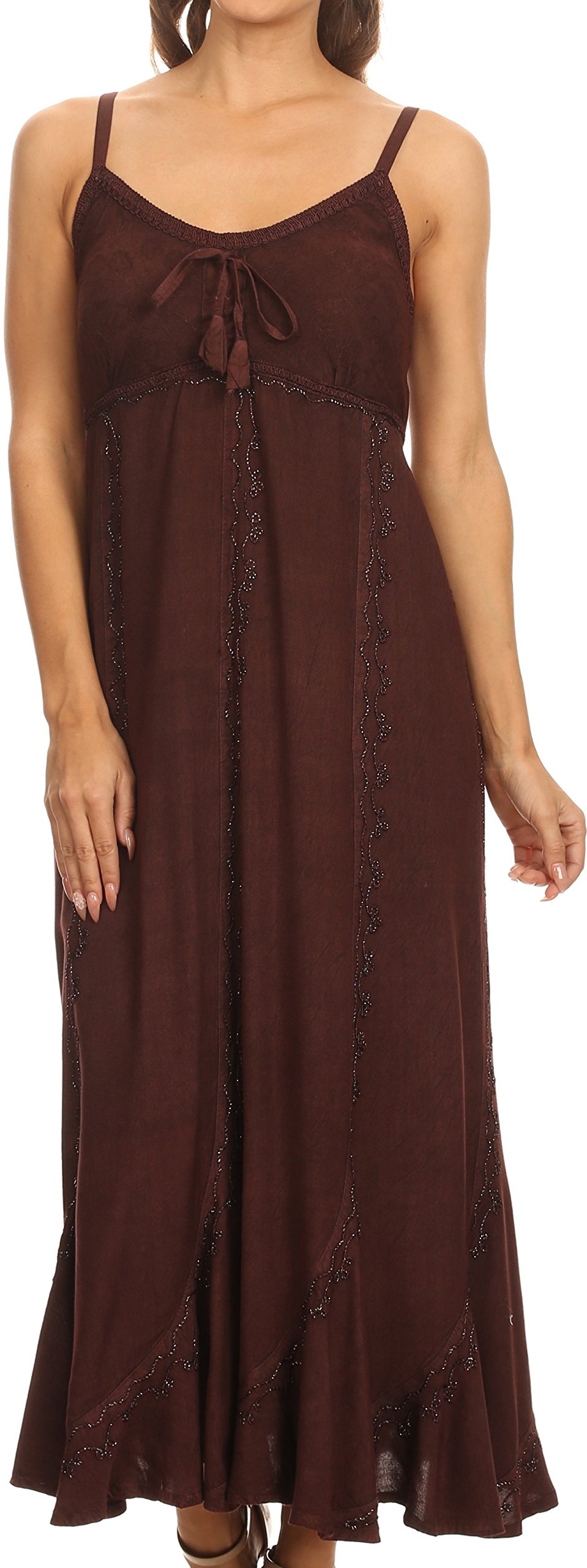 SakkasAllie Stonewashed Embroidered Adjustable Spaghetti Straps Long Dress
