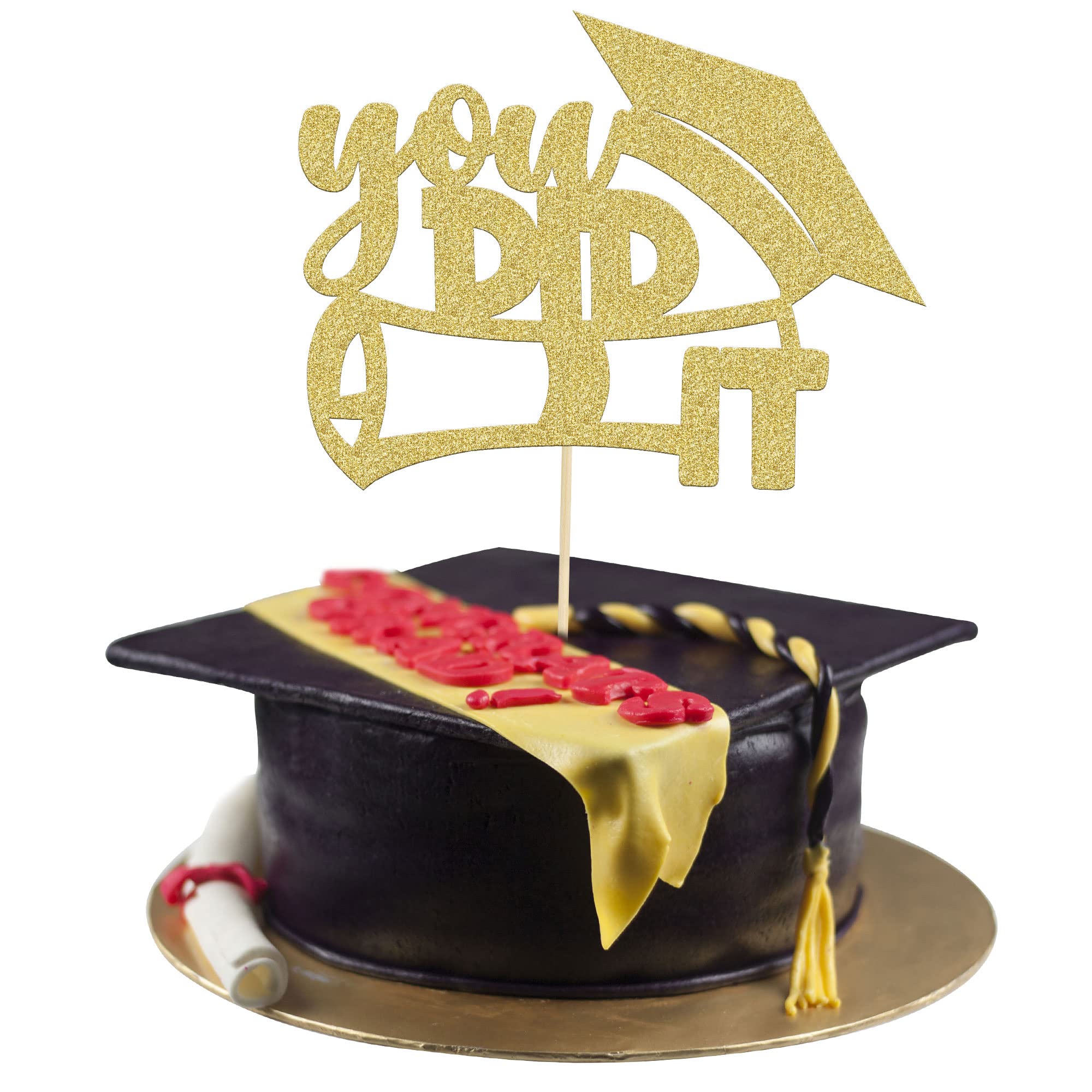 Gyufise 1 Pack Gold Glitter You Did It Cake Topper 2026 Graduation Cake Decoration Grad Cap Cake Topper for Senior High School University College Graduation Party Supplies