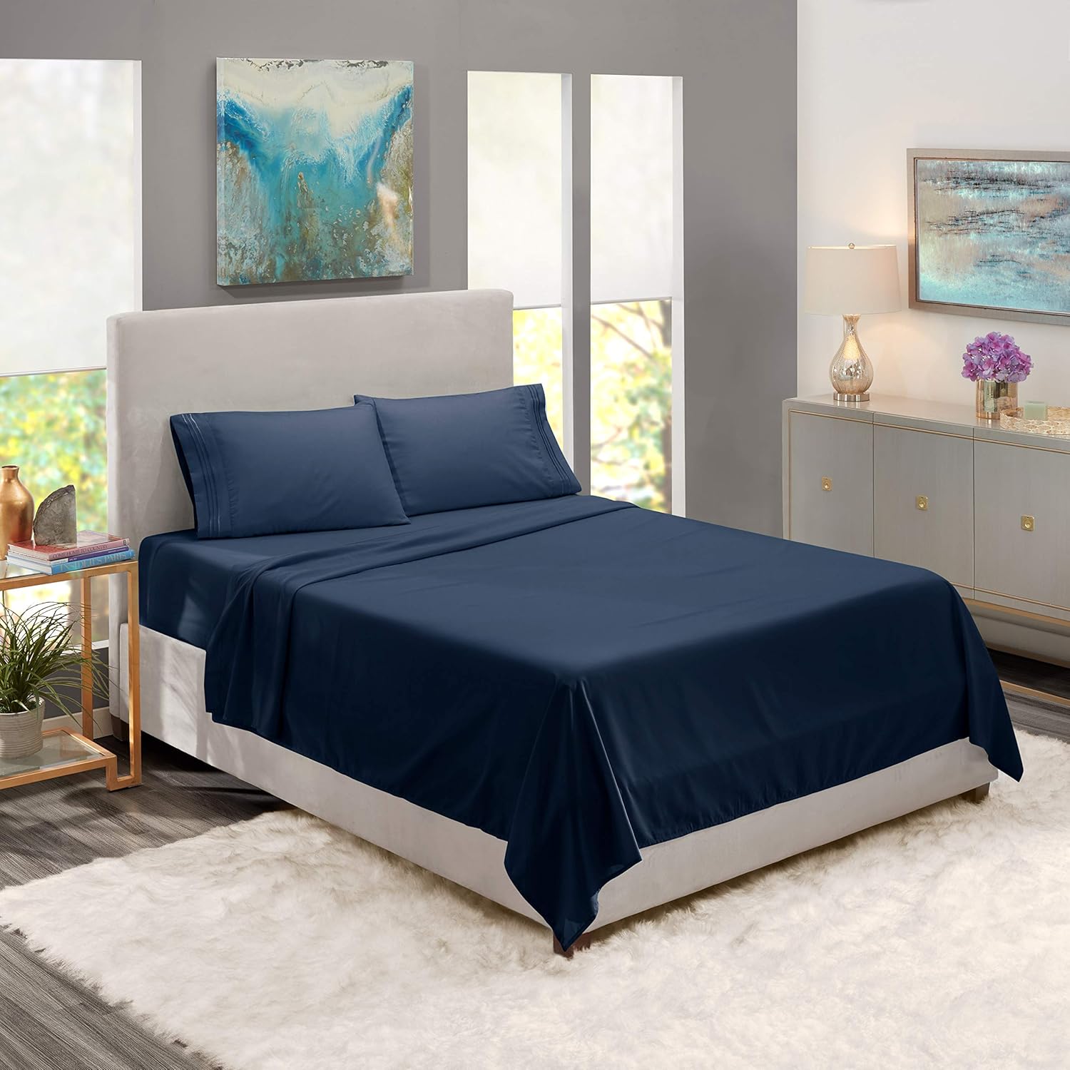 Nestl Luxury Queen Sheet Set - 4 Piece Extra Soft 1800 Microfiber-Deep Pocket Bed Sheets with Fitted Sheet, Flat Sheet, 2 Pillow Cases-Breathable, Hotel Grade Comfort and Softness - Navy Blue: Home & Kitchen