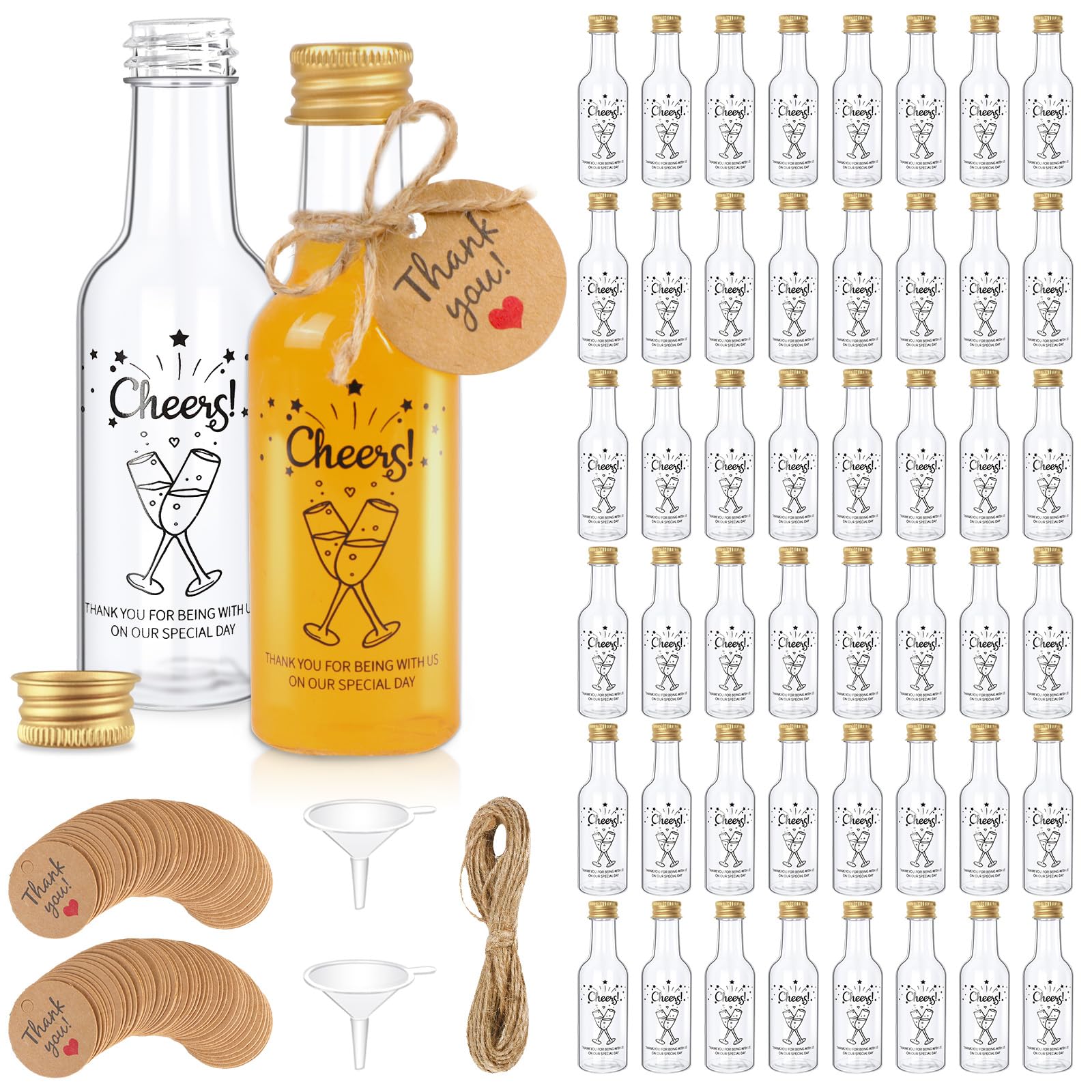 Fayavoo 50 Pack Miniature Alcohol Bottles, 50ml Small Plastic Shot Bottles with Lids, Resuable Mini Empty juice Shot Bottle with Gold Screw Caps and Liquid Funnel for Weddings, Parties
