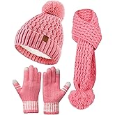 Kids Winter Hat Gloves Scarf Set, Girls Boys Toddler Winter Hat Beanie Pom Knitted Scarves Mittens Fleece Lined Age 5-12