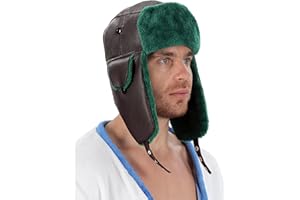Kodervo Cousin Trapper Hat - Green Eddie Winter Hat from National Lampoon's Christmas Vacation for Halloween Christmas Costume, Faux Fur Hat with Ear Flap for Men Women, Green Faux Fur Brown Leather