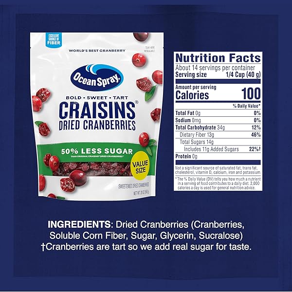 OCEAN SPRAY® CRAISINS®, 50% LESS SUGAR DRIED CRANBERRIES, DRIED FRUIT, 20 OZ POUCH