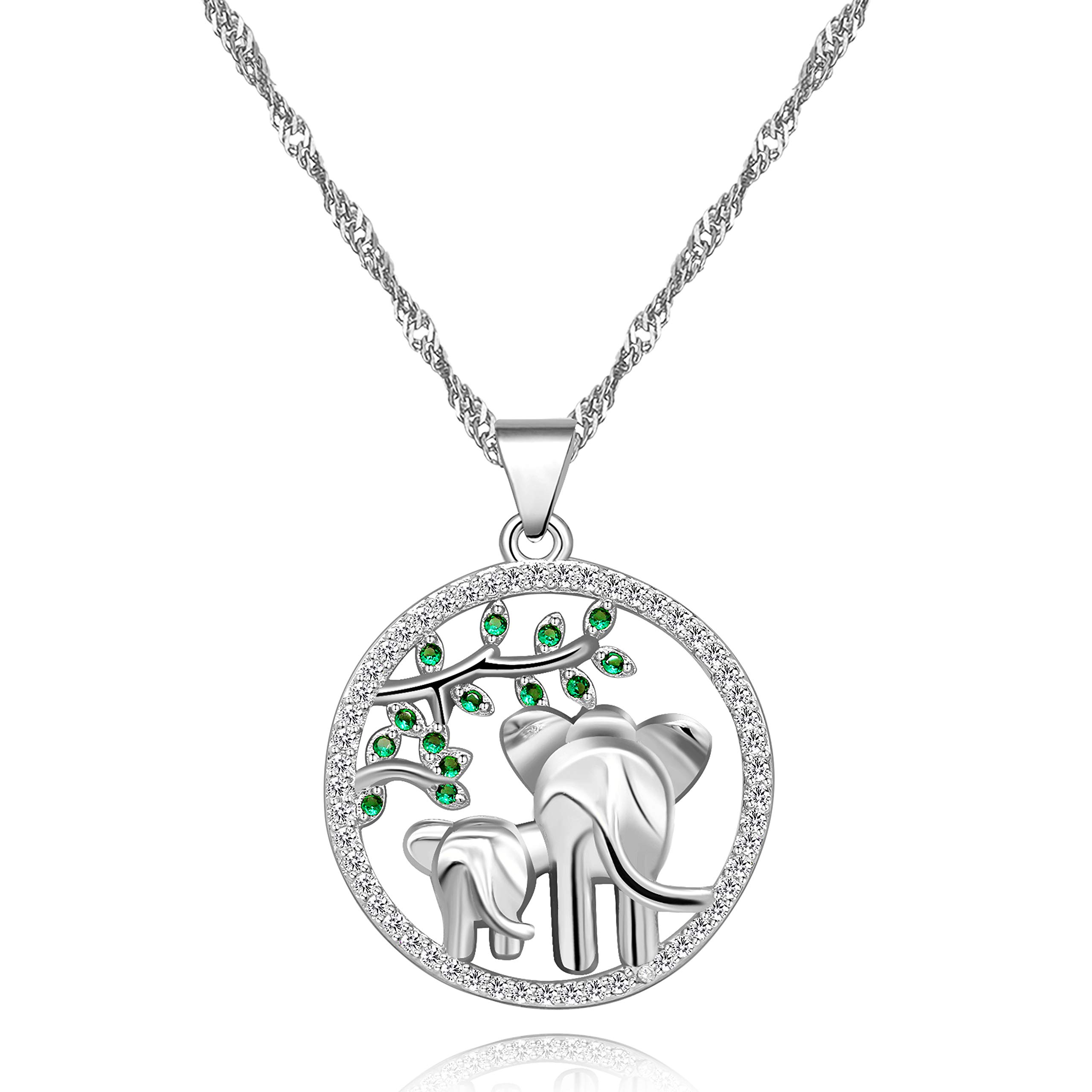 Uloveido Elephant Pendant Wildlife Necklace Green Tree Leaf Symbol of Life Pendant Jewelry Mother's Gifts for Mom or Grandmother (Silver Color) Y482