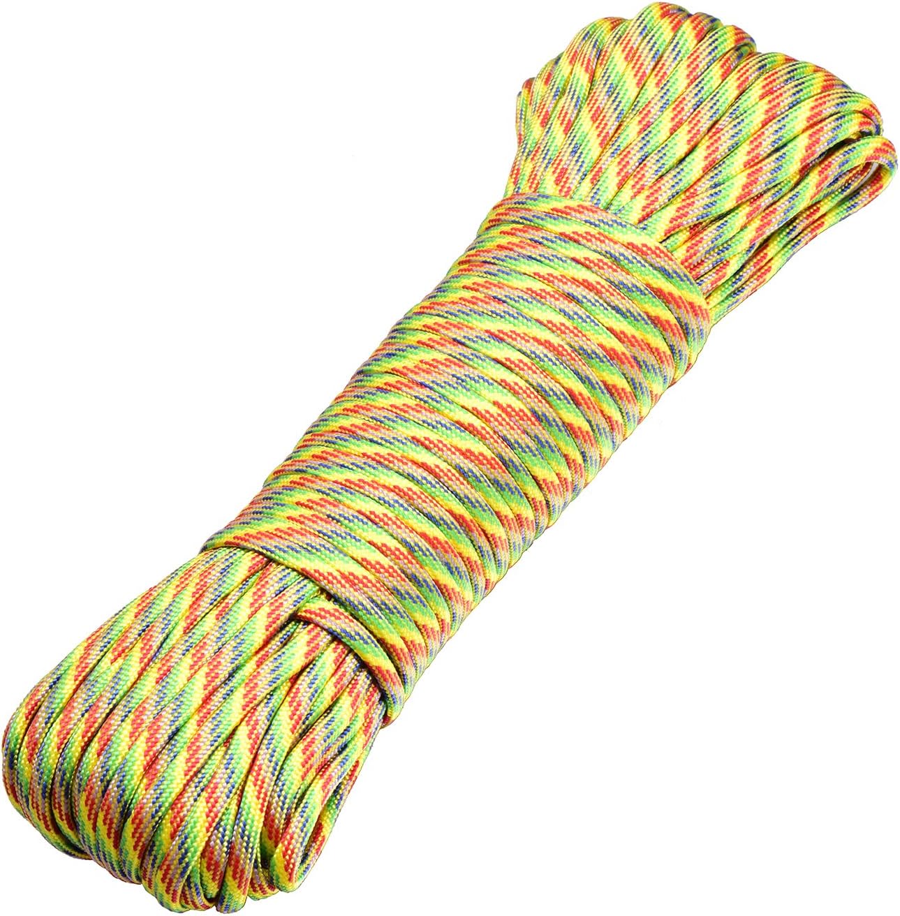 DonDon 98 ft - 30 m nylon cord Paracord survival DIY rope cord for outdoor camping activities 0.6 inch - 4 mm - 7 strands rainbow-colored