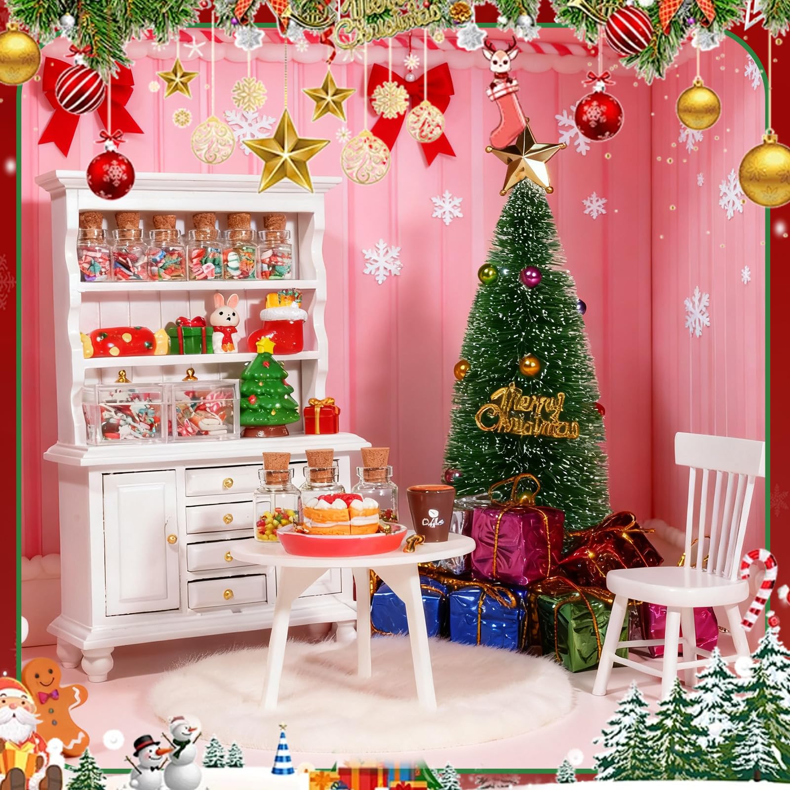 Rileryan 1:12 Scale Mini Christmas House Accessories Kit Christmas Miniatures Decorations Miniature Wooden Furnitures Bookshelf Desk Chair