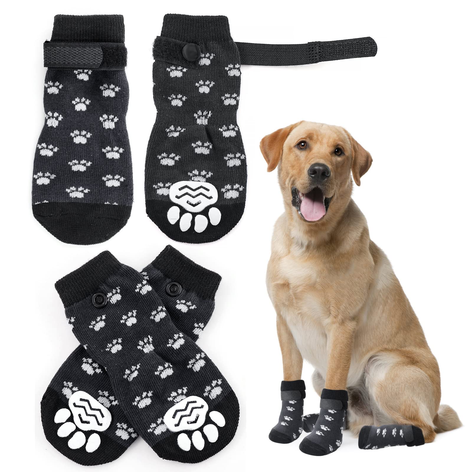 DESIMTION Anti Slip Paw Protectors Dog Socks,Double Side Non-Slip Dog Socks with Adjustable Straps,Traction Control for Indoor on Hardwood Floor Wear (A, M)