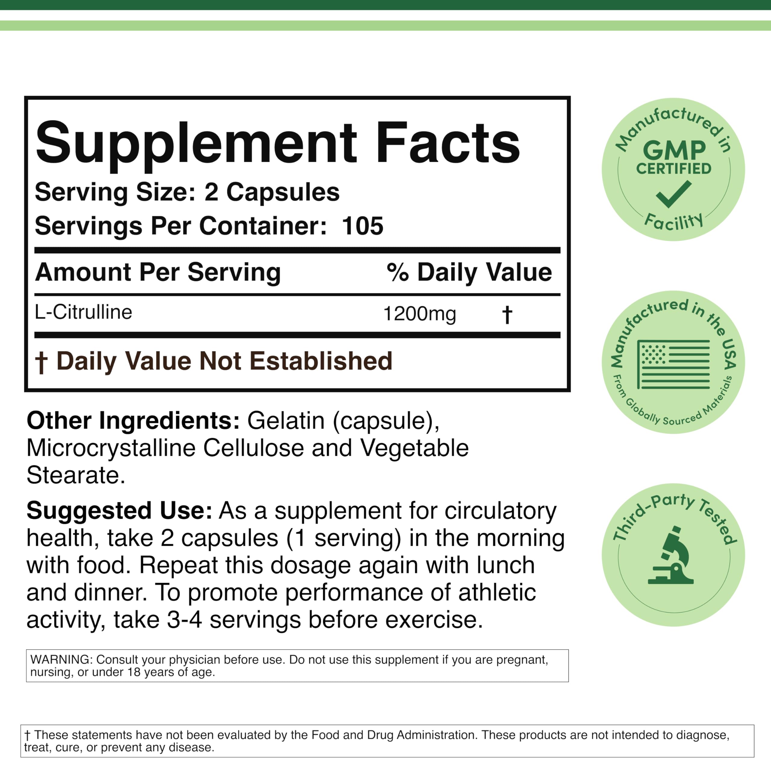 L Citrulline Capsules 1,200mg Per Serving, 210 Count (L-Citrulline Increases Levels of L-Arginine, Acts as a Nitric Oxide Booster) Muscle Recovery Supplement to Improve Muscle Pump by Double Wood