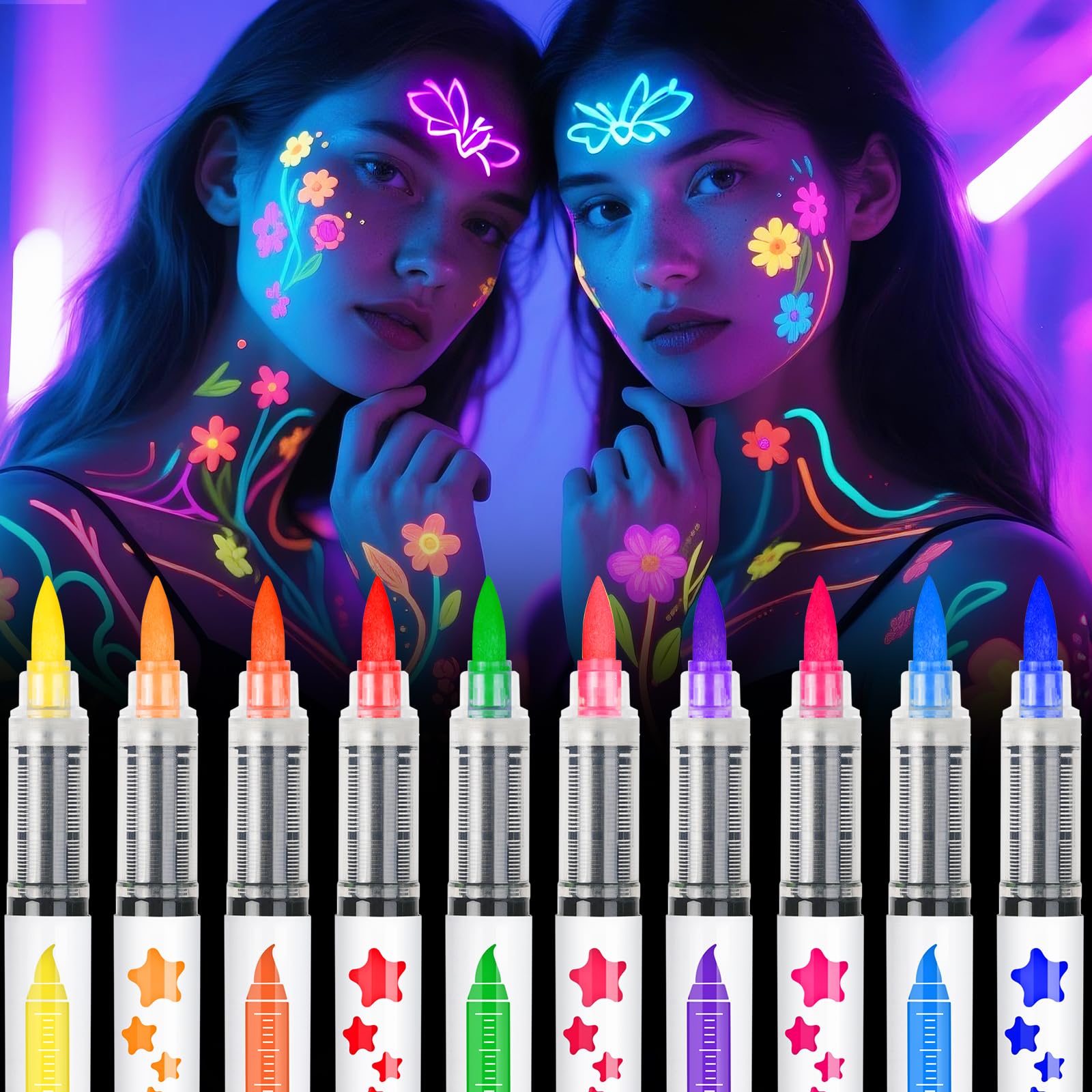 Photo 1 of nsxsu Halloween Makeup Glow in The Dark Face Paint Markers 10 Colors, Neon Body Paint Pen for Skin Glow Under Black Light, Washable UV Temporary Tattoo Pens for Glow Party Supplies