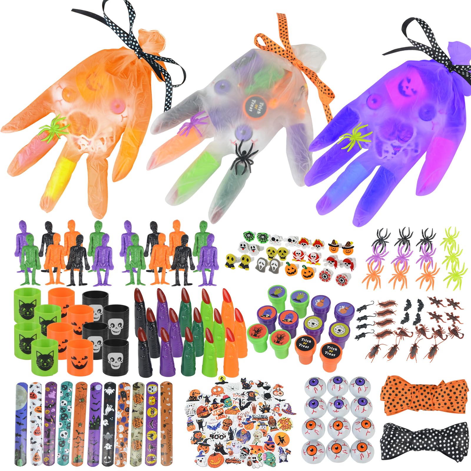 Photo 1 of 296PCS Halloween Party Favors Gloves, 24Sets Purple Orange White Gloves Stuffed Bulk Non-Candy Halloween Goodie Bags Fillers Trick or Treat Bag for Halloween Party Supplies Birthday Classroom Gifts