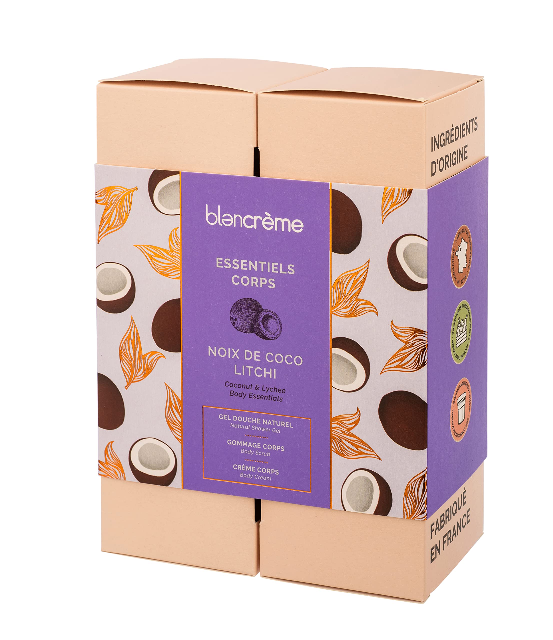 Blancrème - Gift box 3 Coconut / Litch Nut body care: shower gel, exfoliation & melting body cream, up to 98.9% of natural ingredients - made in France