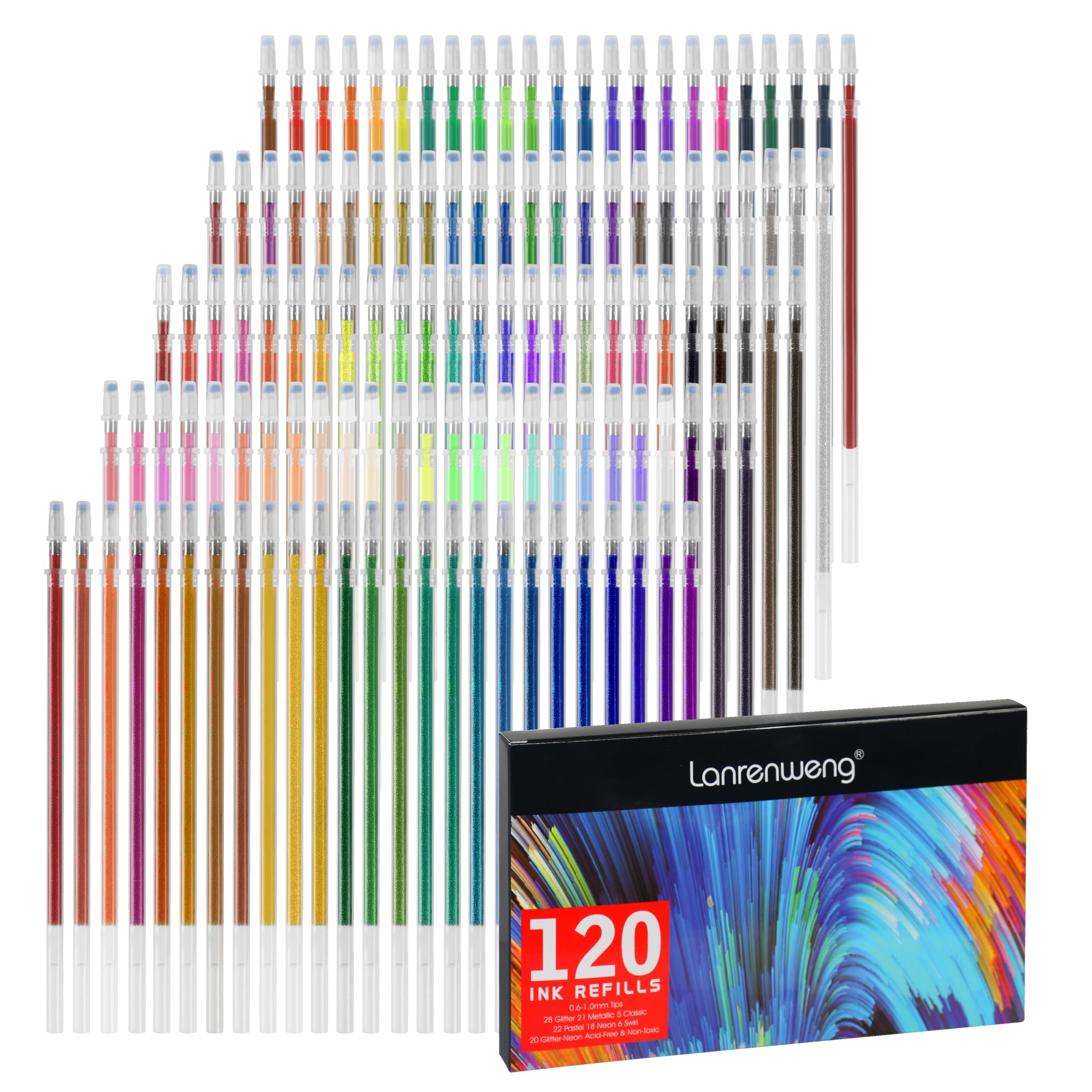 LANRENWENG 120 Pack Gel Pen Refills Glitter Metallic Pastel Fluorescence Neon Pen Ink Refills for Adult Coloring Books, Scrapbooking, Drawing…