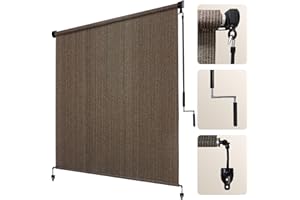 Artpuch Outdoor Roller Shade 8' W x 8' H, Mocha Exterior Cordless Patio Shades Roll Up Blinds with Spliced Pole Design, (2 Poles, One-Piece Fabric)