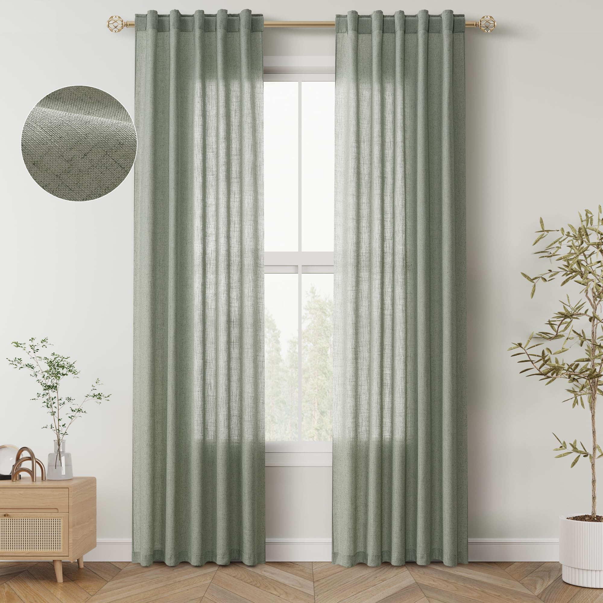 Photo 1 of SPWIY Sage Green Linen Blend Curtains 63 Inches Long 2 Panels for Living Room Back Tab Light Filtering Sheer Privacy Green Window Curtains Aesthetic Neutral Decor Bedroom 40x63