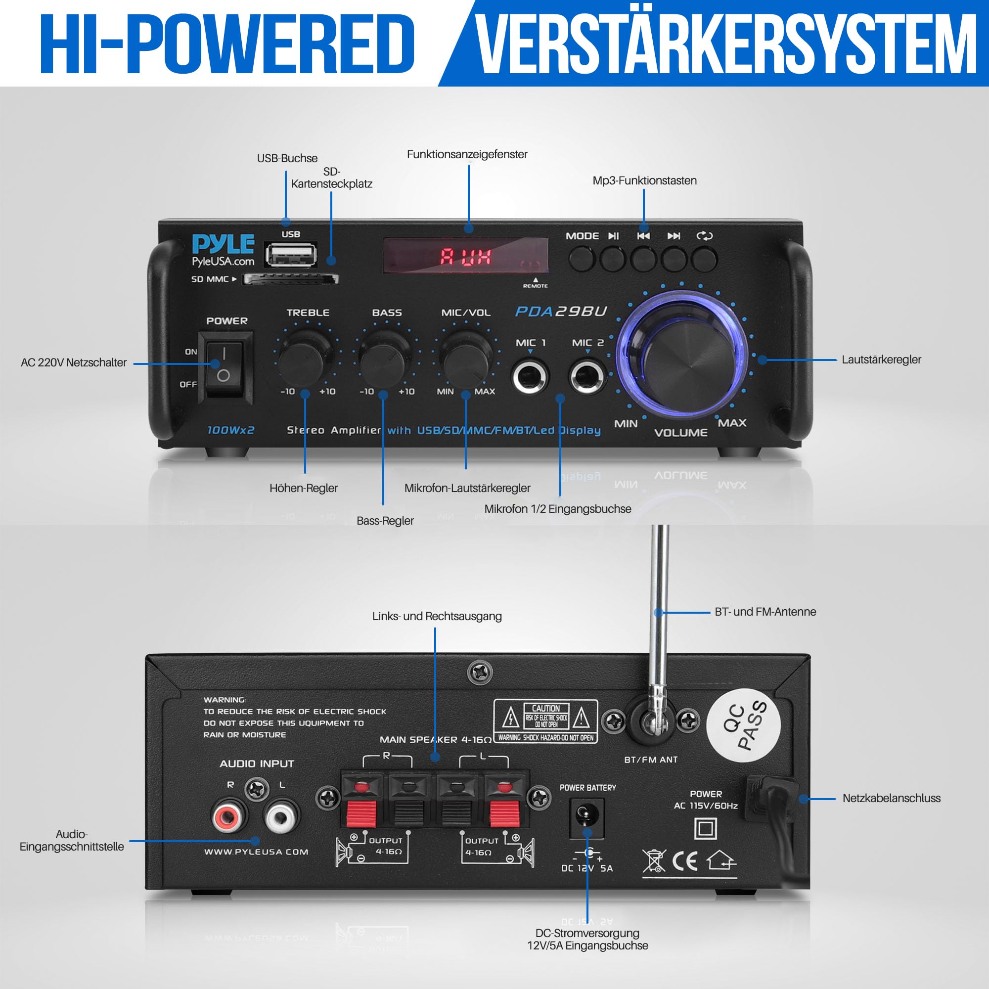 Pyle 40W Bluetooth Verstärker - Mini Amp Mit Mikrofon Eingängen