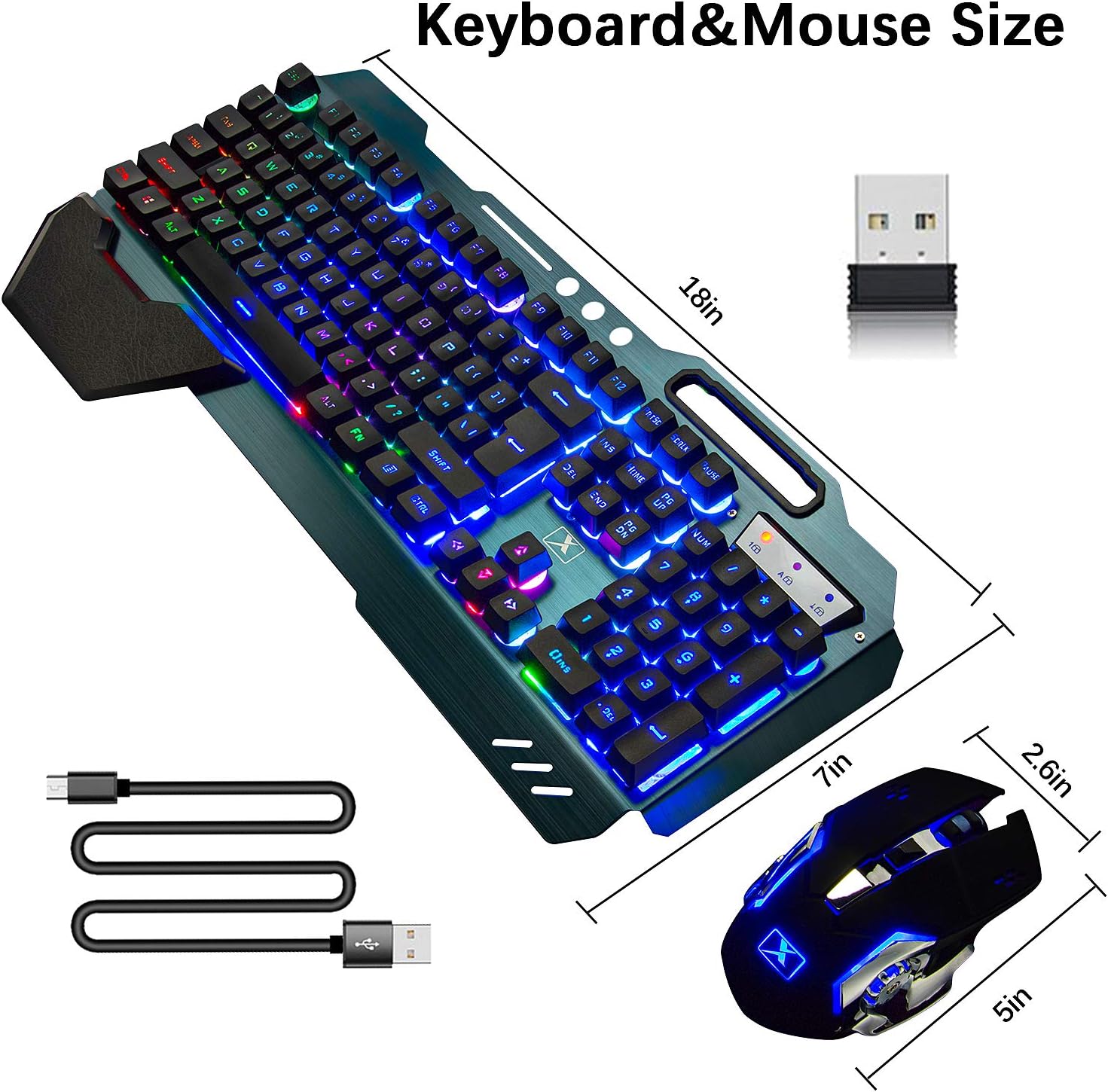 Wireless Gaming Keyboard and Mouse,Rainbow Backlit Rechargeable Keyboard Mouse with 3800mAh Battery Metal Panel,Removable Hand Rest Mechanical Feel Keyboard and 7 Color Gaming Mute Mouse for PC Gamers: Computers & Accessories