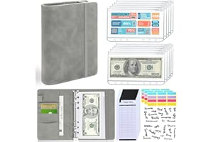 LINTRU Budget Binder with Zipper Envelopes, Budget Book with Cash Envelopes, Premium Pu Leather A6 Binder with Expense Budget Sheets and Stickers, Savings Binder for Budgeting (Gray)