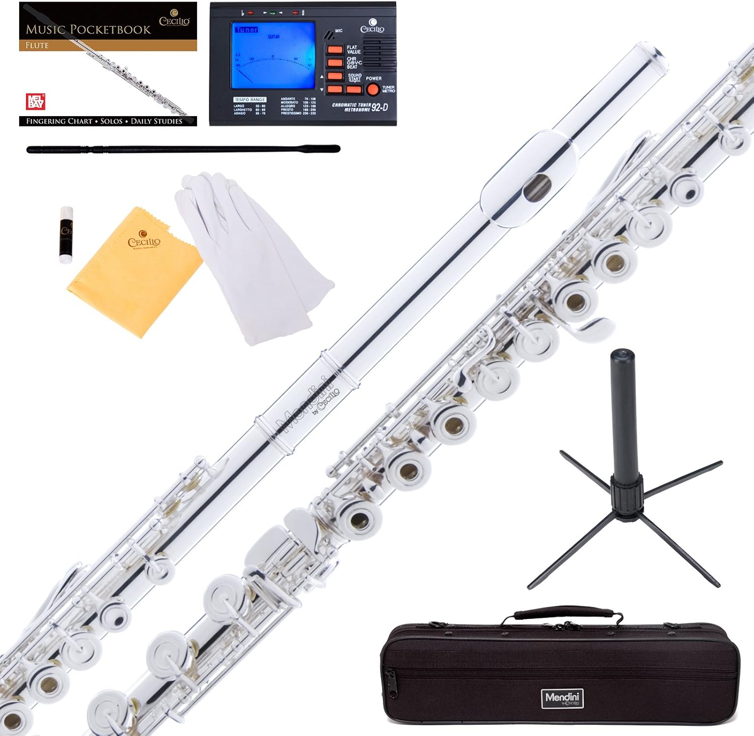 Mendini Closed/OpenHole Key of C Flute with BFoot Joint, Silver