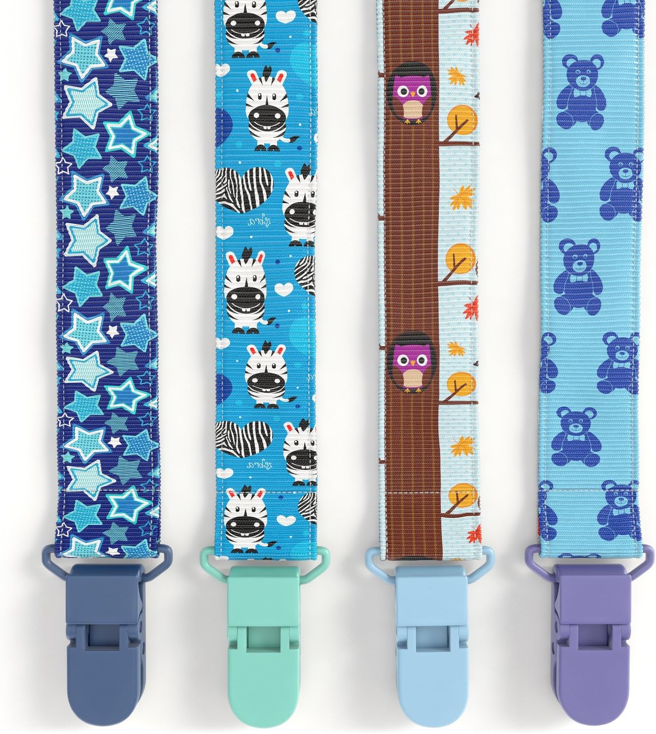 Premium Quality Baby Pacifier Clip (4 Pack) for Boys and Girls! Fun and Cute,Extra Safe, Double-sided Baby Pacifier Leash Designs.
