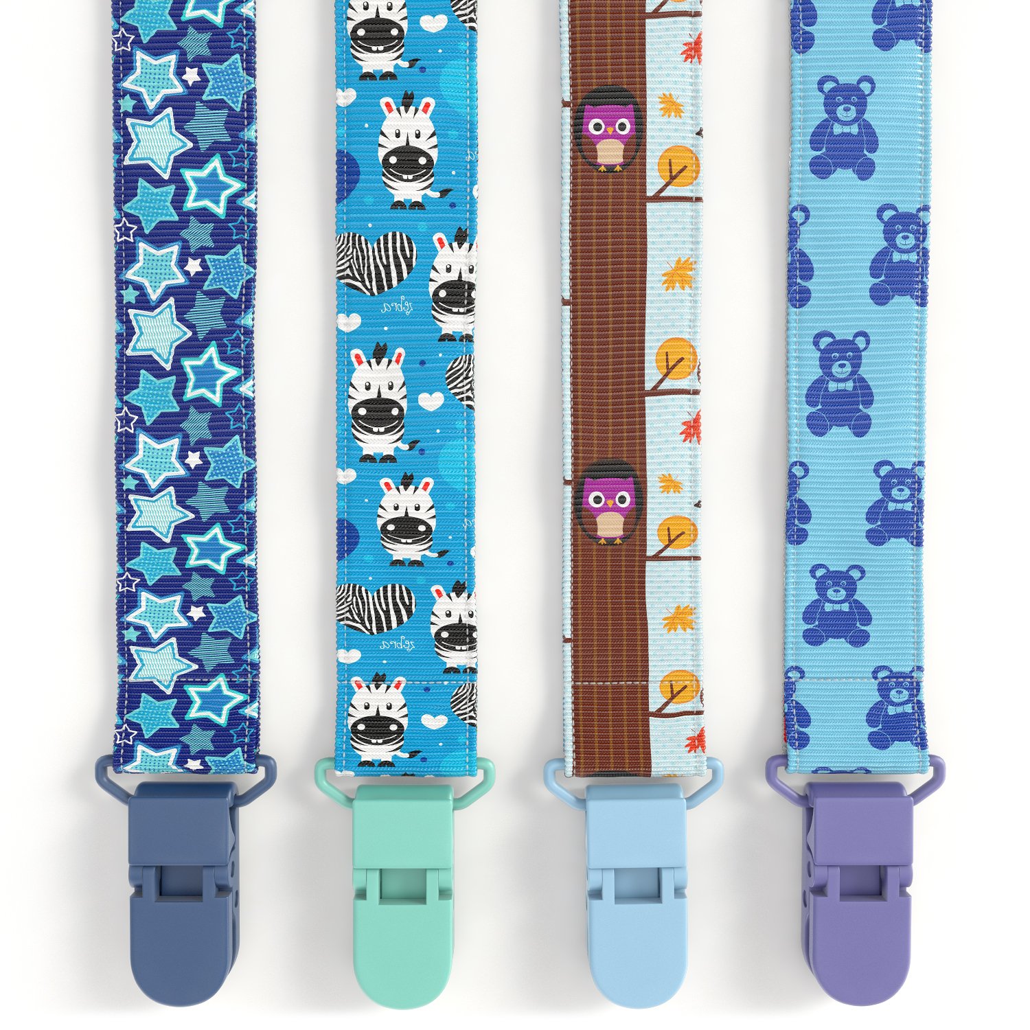 Premium Quality Baby Pacifier Clip (4 Pack) for Boys and Girls! Fun and Cute,Extra Safe, Double-sided Baby Pacifier Leash Designs.