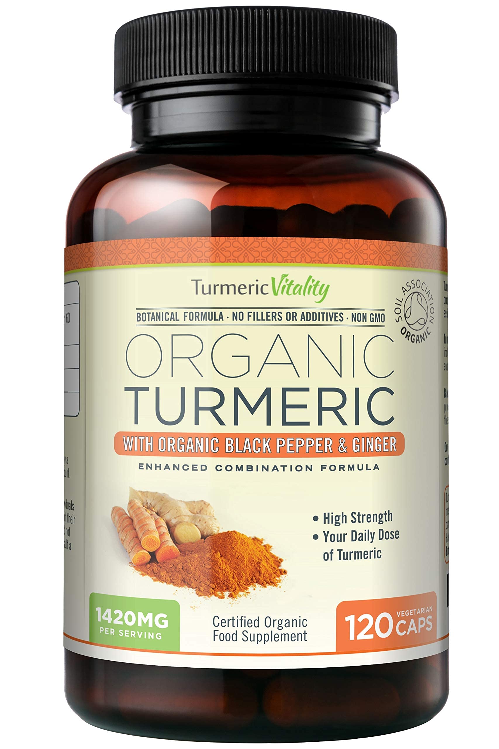 Organic Turmeric Curcumin Capsules 1420mg High Strength Serving with Black Pepper & Ginger for Maximum Absorption of Curcumin | 120 Veg Capsules - Certified Organic Supplement