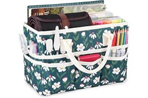 QIANSHAN Craft Organizer Tote Bag with Multiple Pockets, Large Art Storage Caddy with Handles for Art, Craft, Sewing, Make-up，Scrapbooking, Medical, and Office Supplies Storage.Green White Flower