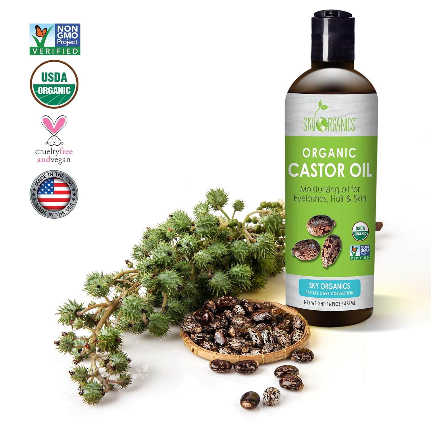Castor Oil USDA Organic Cold-Pressed (16oz) 100% Pure Hexane-Free Castor Oil - Conditioning & Healing, For Dry Skin, Hair Growth - For Skin, Hair Care, Eyelashes - Caster Oil By Sky Organics: Beauty