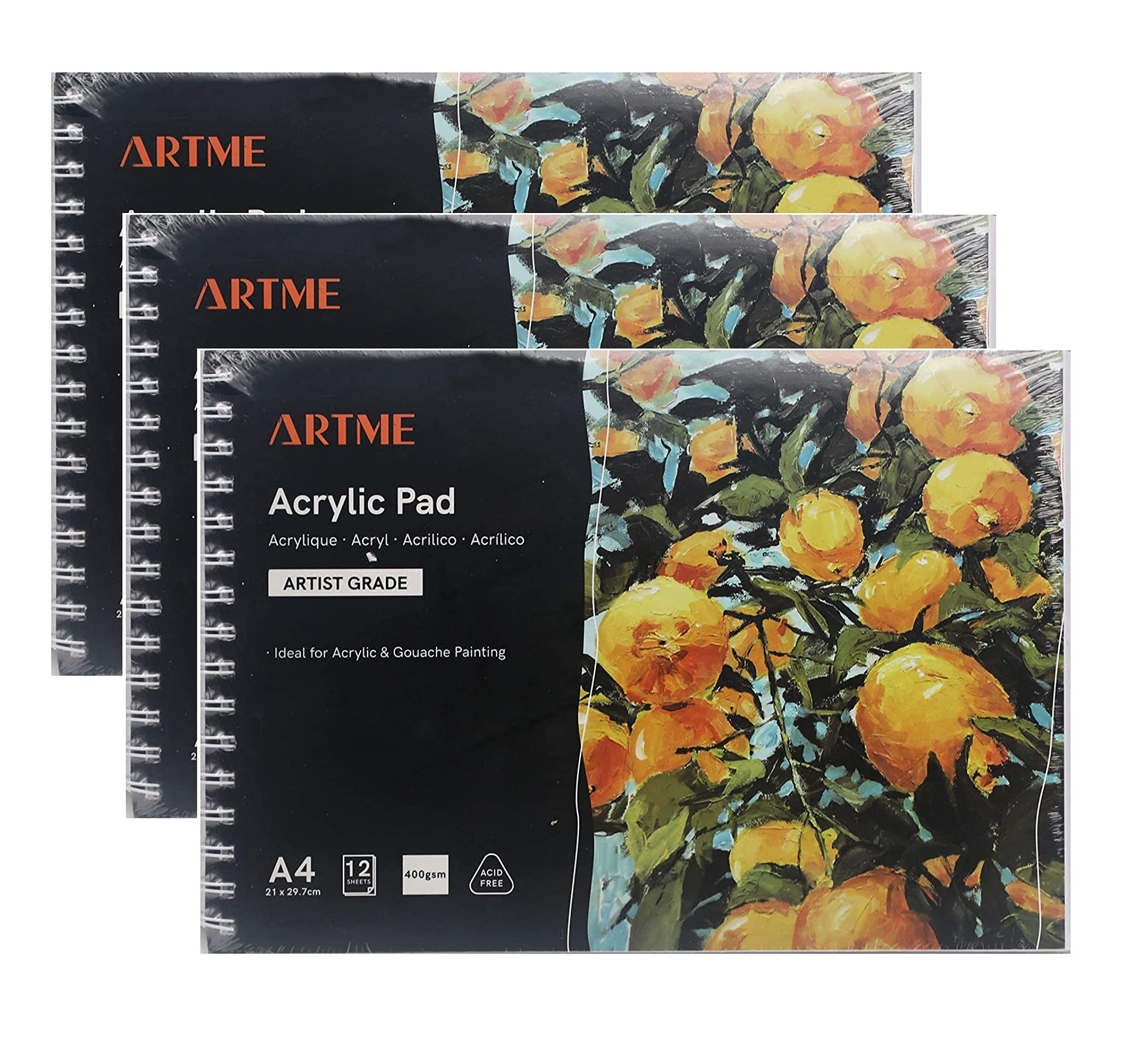 ARTME A4 Acrylic Pad (3pack) Landscape x 12 Sheets/ 400gsm Extra Heavyweight/Cold Pressed/Acid Free, Premium Quality Paper Drawing for Acrylic and Gouache