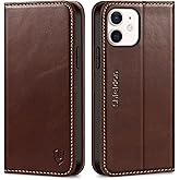SHIELDON Case for iPhone 12 6.1", Genuine Leather Wallet Magnetic Book Protection Cover, Kickstand RFID Blocking Credit Card Holder Compatible with iPhone 12/12 Pro - Retro Coffee