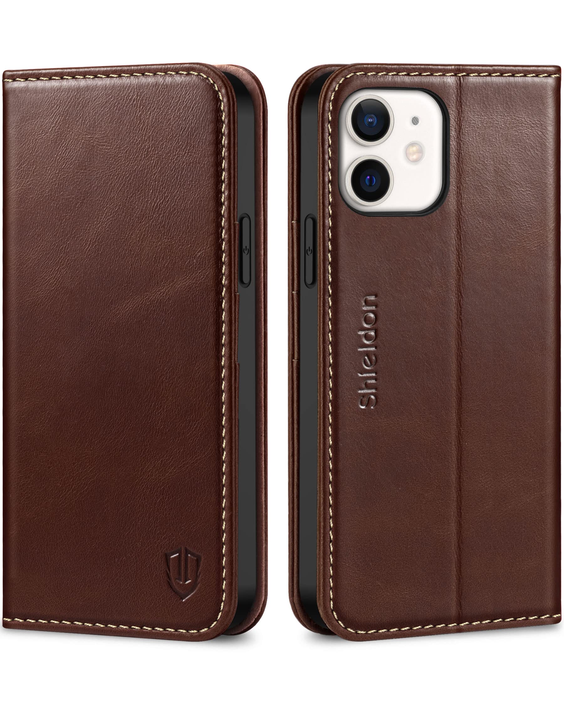 Photo 1 of SHIELDON Case for iPhone 12 6.1", Genuine Leather Wallet Magnetic Book Protection Cover, Kickstand RFID Blocking Credit Card Holder Compatible with iPhone 12/12 Pro - Retro Coffee