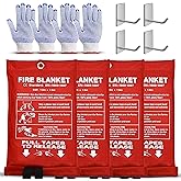 HAZARD HERO Fire Blanket 4 Pack, 1m x 1m Fiberglass Emergency Blanket with Heat Resistant Gloves & Hooks, for Use in Kitchen, Home, Car, Camping, Small Fire Safety Situations
