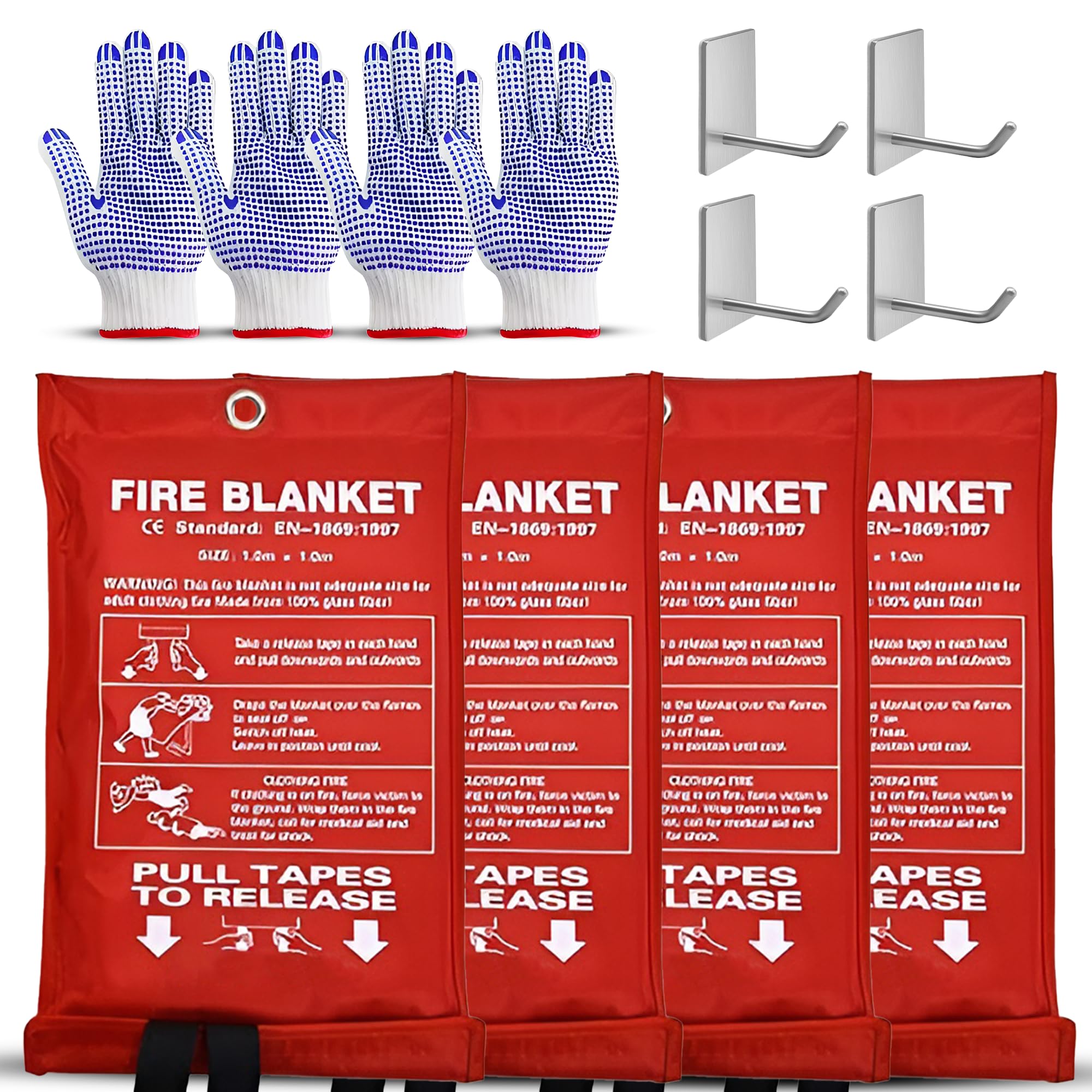 Photo 1 of HAZARD HERO Fire Blanket 4 Pack, 1m x 1m Fiberglass Emergency Blanket with Heat Resistant Gloves & Hooks, for Use in Kitchen, Home, Car, Camping, Small Fire Safety Situations
