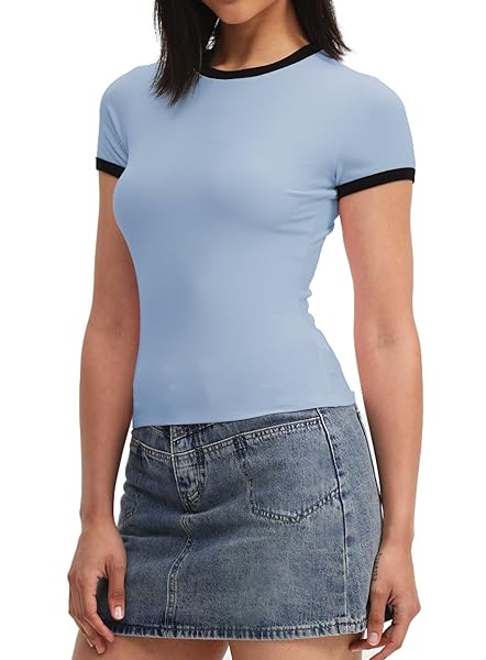 WOSALBA WOMENS FASHION SHORT SLEEVE CREW NECK SLIM FIT GO TO SHIRT COLOR BLOCK TEE Y2K CROP TOP (M, BLUE)