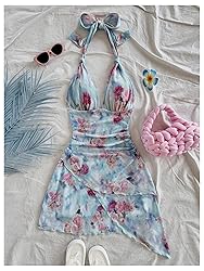 BEAUDRM Women's Floral Print Sleeveless Halter Deep