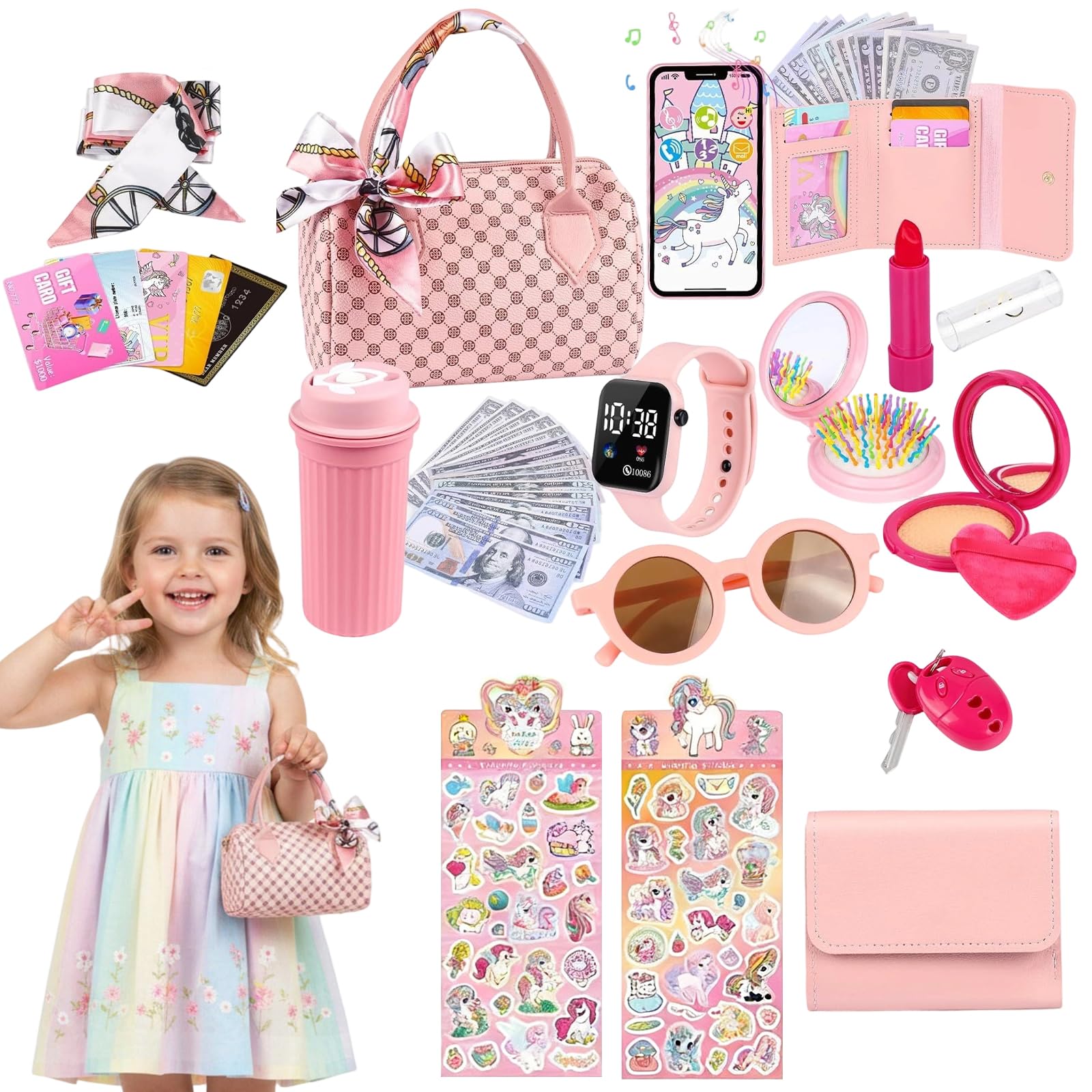 33 PCS Toddler Handbag Pretend Makeup Sets for Girls - Includes Handbag, Phone, Digital Watch, Water Bottle & More Accessories | Ideal Birthday/Travel Role Play Gift for Little Girls Aged 3＋