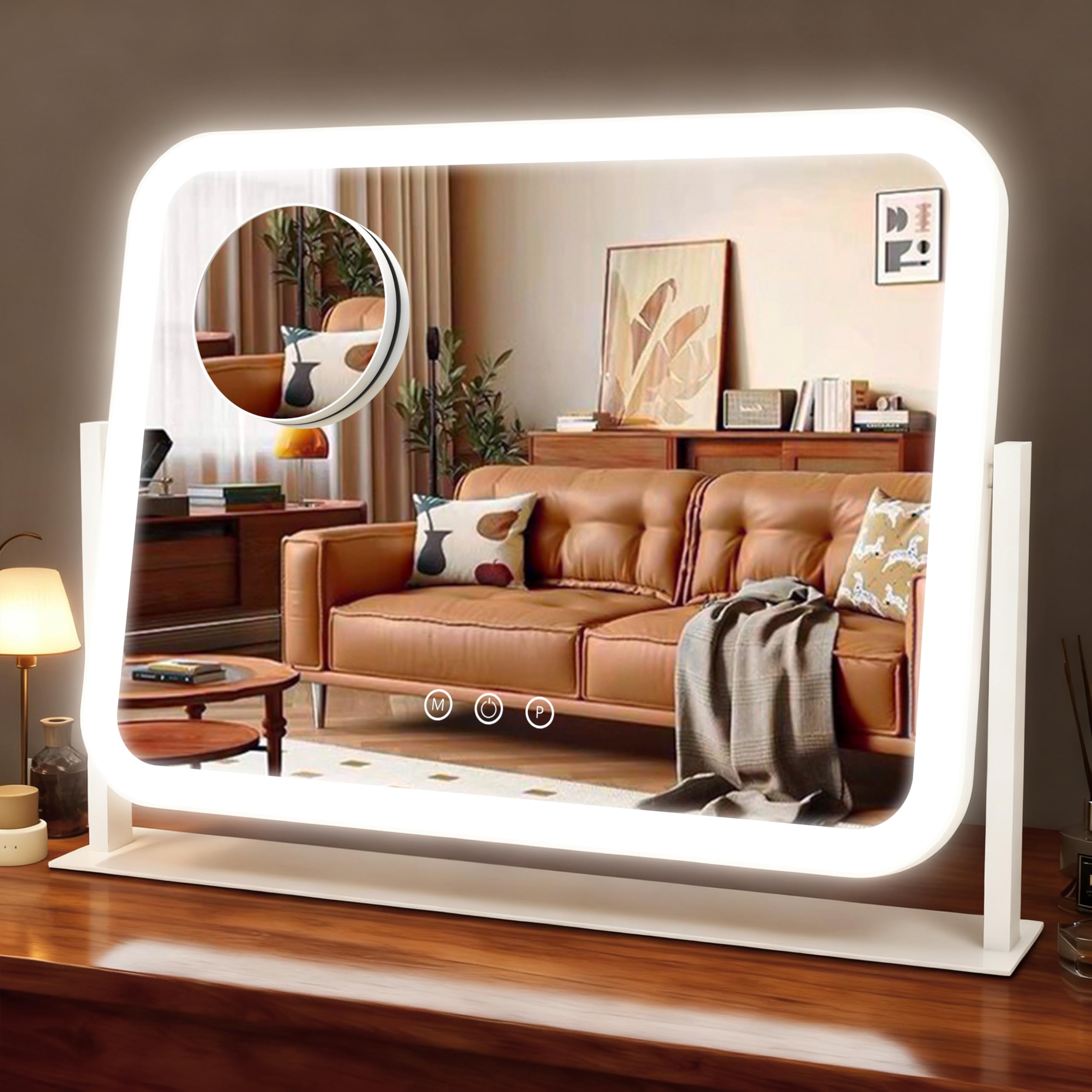 Photo 1 of ** LIGHT DONT WORK** HNV Lighted Makeup Mirror, 17"x13" Hollywood Vanity Mirror with Lights, 10X Magnification, 3 Color Dimmable LED, Smart Touch Control, 360° Rotation Tabletop Mirror for Bedroom & Dressing Room (White)