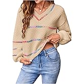 Verdusa Women's Striped Oversized Sweaters Cozy Pullover V Neck Knit Sweater Fall Winter Clothes