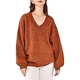 Simple&Opulence Women's 2025 V Neck Sweaters Casual Puff Long Lantern Sleeve Cozy Ribbed Pullover Loose Knit Jumper Tops