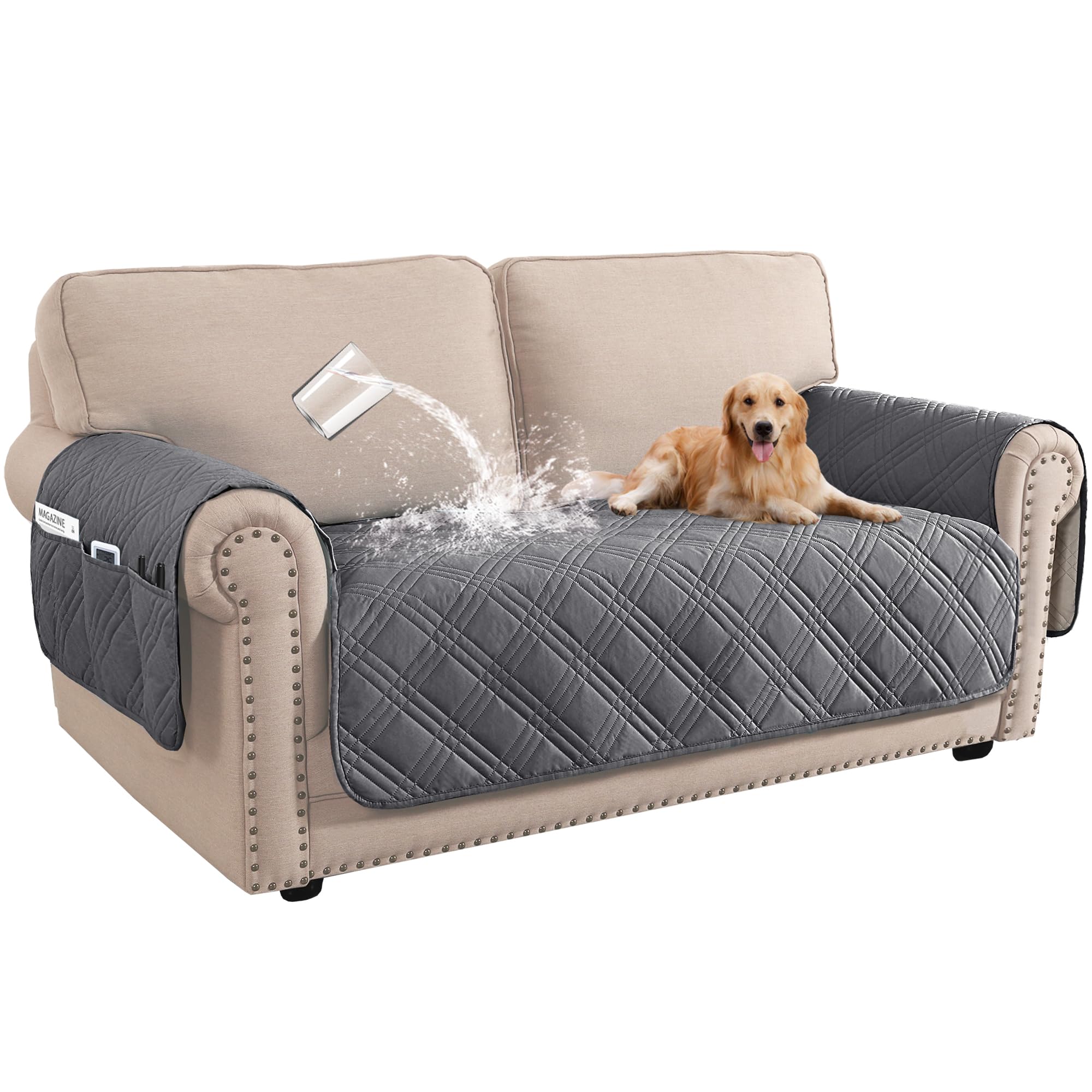 BellaHills 100% Waterproof Sofa Covers 2 Seater Sofa Cover for Living Room Washable Seat Covers with Side Pocket Furniture Protector from Pets (2 Seater, Grey)