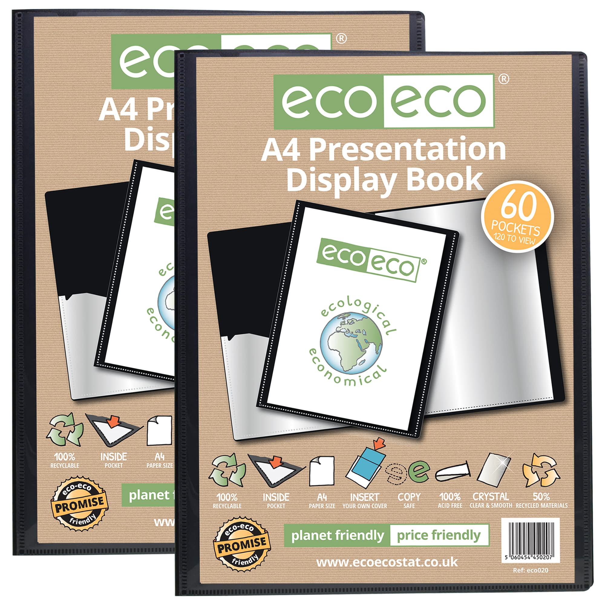 eco-eco A4 Size 50% Recycled 60 Pocket Black Presentation Display Book, Storage Case Portfolio Art Folder with Plastic Sleeves, (Pack of 2), eco020x2