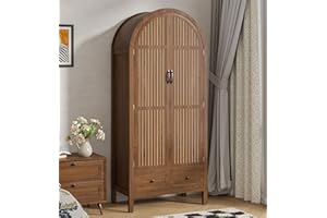 Lxsxlome Wardrobe Closet, Armoire Wardrobe Closet with Drawers and 2 Arched Fluted Doors, 70.87‘’ Tall Wooden Bedroom Armoires with Shelves and Hanging Rod (1, Walnut)